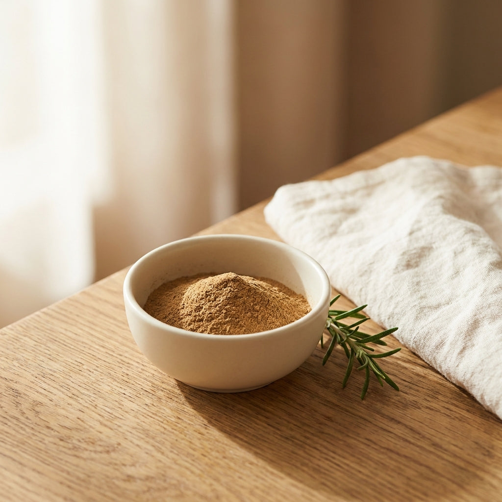 A small ceramic bowl of organic cricket protein powder beside a sprig of rosemary