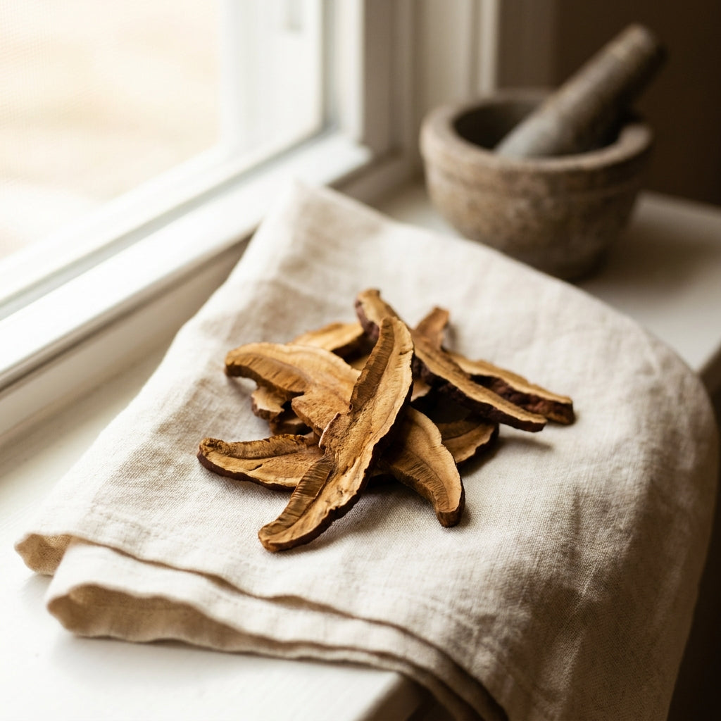 A small bowl of organic reishi mushroom blend on a wooden surface