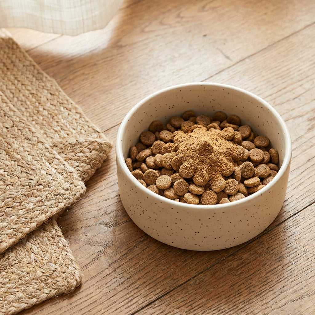 A bowl of CHIRP topper from above on a linen-draped wooden table