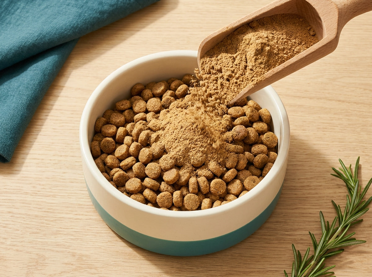A wooden scoop sprinkling CHIRP topper over a bowl of kibble. The daily routine, made simple.