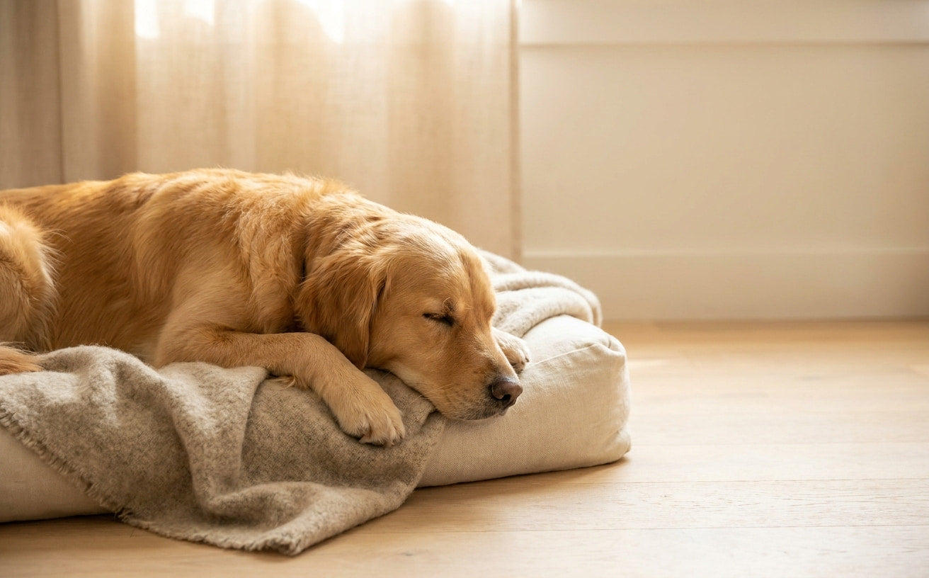 A calm, healthy dog finally resting